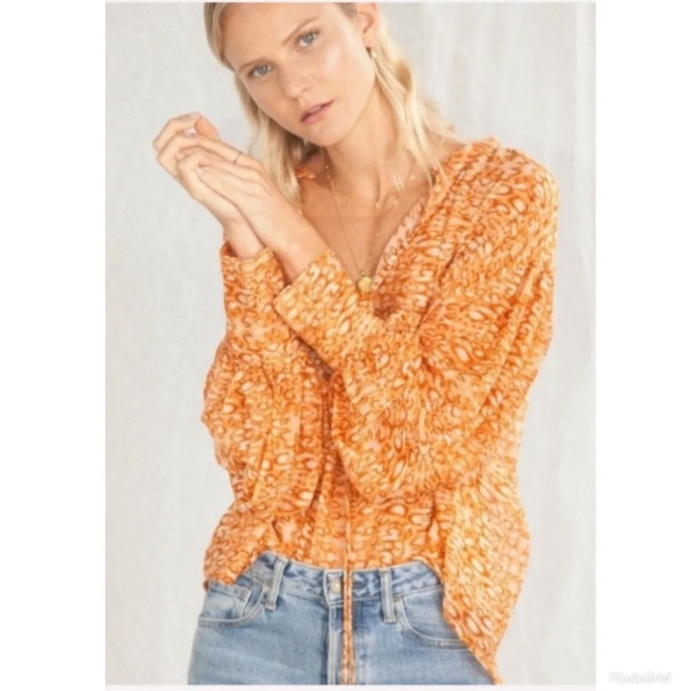 Anthropologie Kinga Csilla Sera Cropped Blouse in Orange Leopard Print - 2
